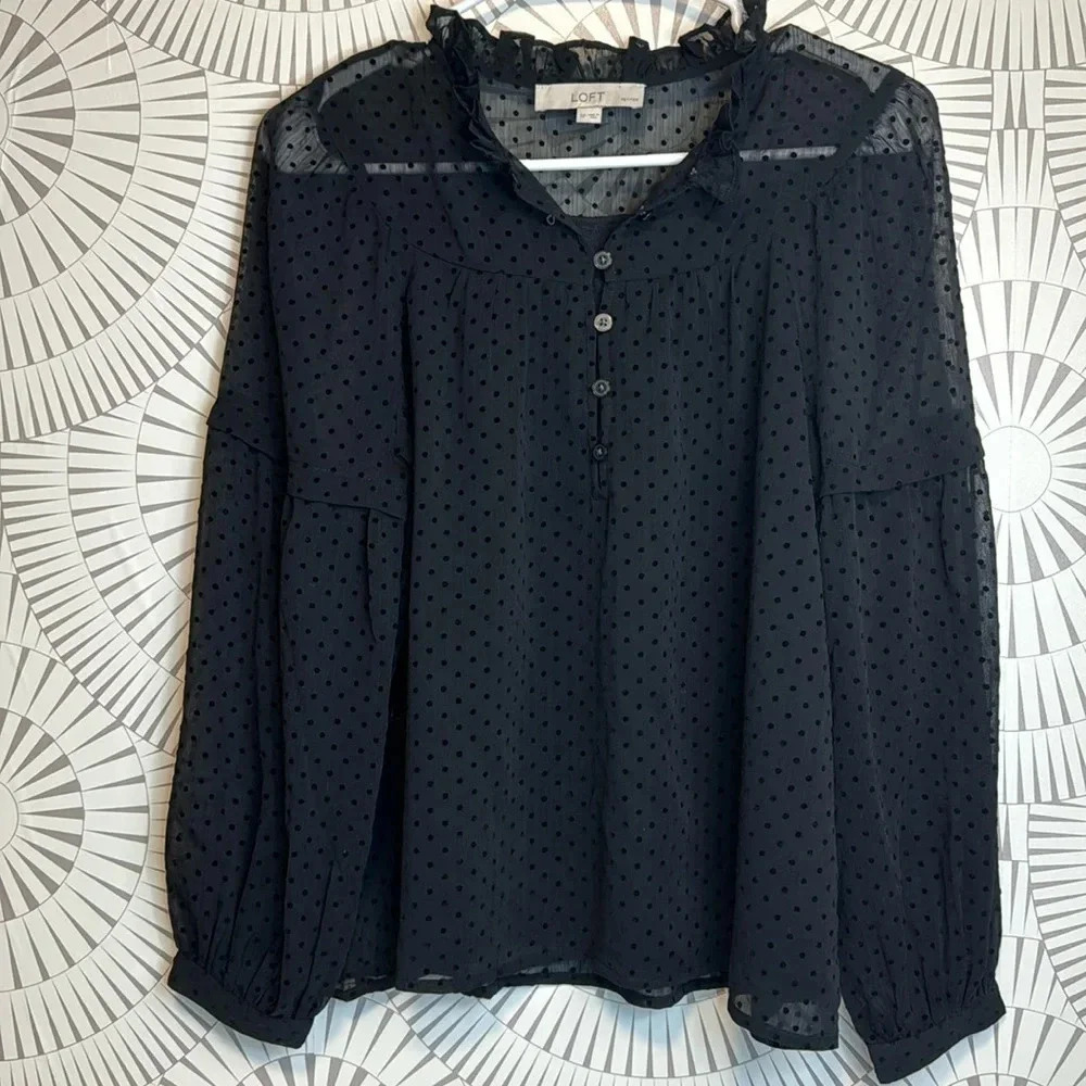 LOFT Black Sheer Swiss Dot Long-Sleeve Blouse